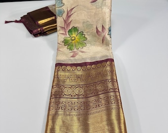 Pattu Saree met kanchi-rand: zachte zijden sari met zariweefsel, trouwkleding