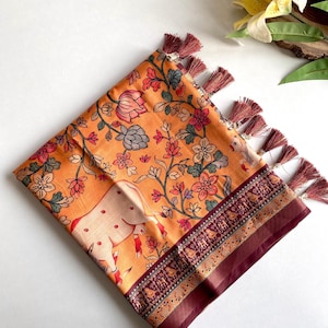 Handmade Pichwai Print Saree: Vegan Cotton Silk, Kalamkari Blouse
