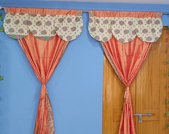 Cortinas de sári de seda vintage: painéis de janela estilo boho kantha indiano laranja