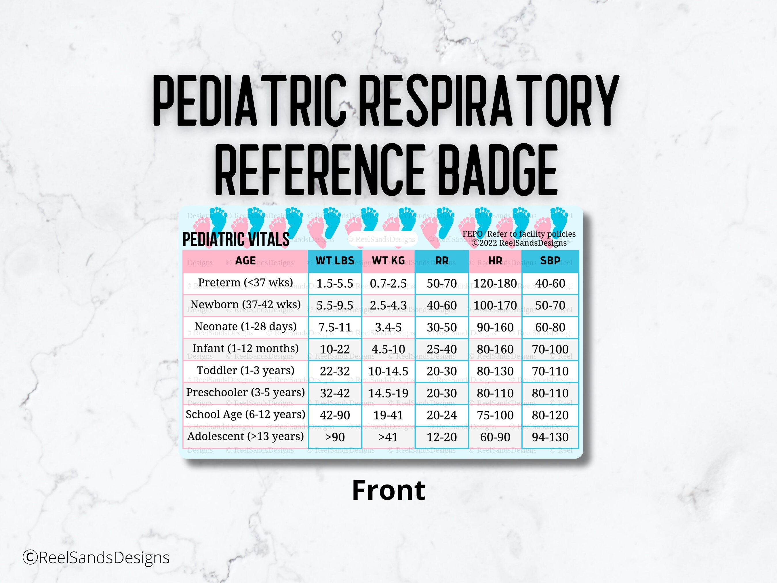 Pediatric Vitals Respiratory ETT Size Quick Reference Badge Buddy Card ...