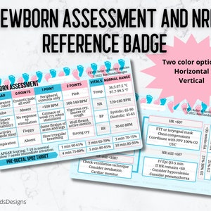 Évaluation du nouveau-né Carte de référence rapide pour badge d'ami du PNR - Soins infirmiers - Carte d'identité - Badge Buddies - Employé - Travail et accouchement - Nursery - NICU - OB