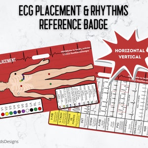May include: Red plastic reference badge featuring a human silhouette illustrating ECG lead placement. The badge also includes a chart of common ECG rhythms with their corresponding waveforms.