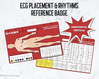 May include: Red plastic reference badge with a human silhouette showing ECG lead placement. The badge also includes a chart of common ECG rhythms with their corresponding waveforms.