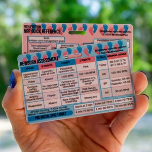 May include: Two medical reference cards for newborn assessment, held by a person. The cards display information on APGAR scoring, vital signs, and NRP quick reference. The cards have a blue and pink color scheme with text and graphics.