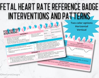 Op de afbeelding: Een roze en blauwe referentiebadge voor foetale hartslaginterventies en -patronen. De badge bevat drie categorieën van foetale hartslagpatronen en de interventies die voor elke categorie vereist zijn. De badge bevat ook een sectie over episodische en intermitterende deceleraties.