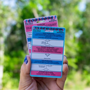 May include: Two rectangular cards with medical information are held in front of a blurred green background. The cards are pink and blue, with text and diagrams about fetal heart rate monitoring and decelerations. The cards are labeled "FETAL HEART RATE MONITORING" and "FETAL HEART RATE DECELERATIONS".