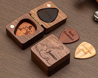 Personalized Walnut WOOD Guitar Picks with Case, Custom Guitar Pick Holder, Plectrum Box Guitar Player Gift, Father's Day, Gifts for Him