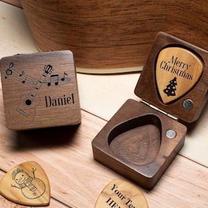 Médiators en bois personnalisés avec étui, support de médiator personnalisé, cadeau pour joueur de guitare avec médiator, fête des pères, cadeaux de Noël