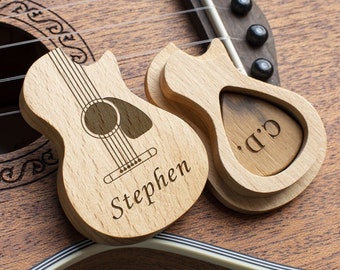 Personalisierter Gitarren-Plektrum mit Koffer, individuell gravierter Plektrum-Halter, Holzbox für Plektrum, Geschenk für ihn, Jahrestag, Vatertagsgeschenk