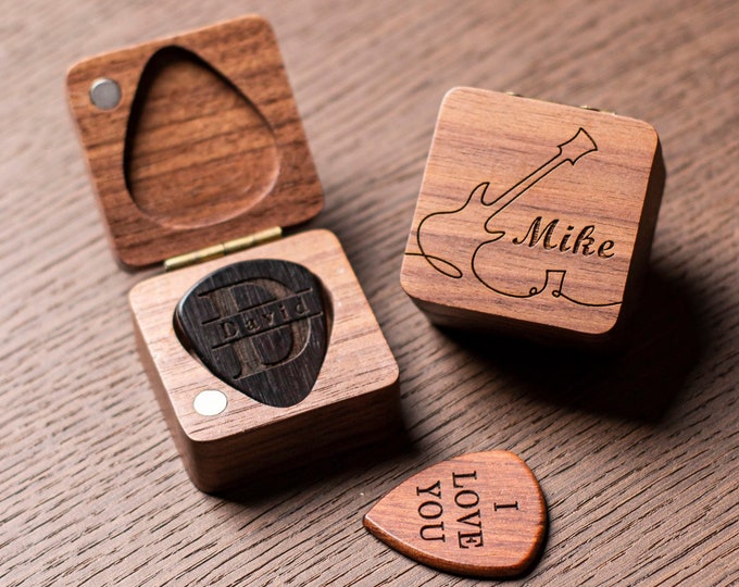 Personalized Engrave Guitar Pick Case, Custom Picks Plectrum Holder, Gifts for Dad, Wooden Box for Guitar Player, Musician Valentines Day