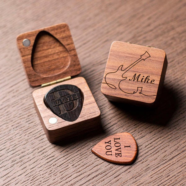 Personalized Engrave Guitar Pick Case, Custom Picks Plectrum Holder, Gifts for Dad, Wooden Box for Guitar Player, Musician Valentines Day