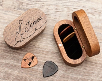 Custom Wooden Guitar Picks Box, Personalized Guitar Pick Case Storage, Wood Guitar Plectrum Organizer Music, Gift for Guitarist Musician