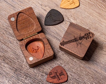 Personalized Wooden Guitar Picks with Case, Custom Guitar Pick Box, Plectrum Holder, Guitar Player Gift, Father's Day, Gifts for Christmas