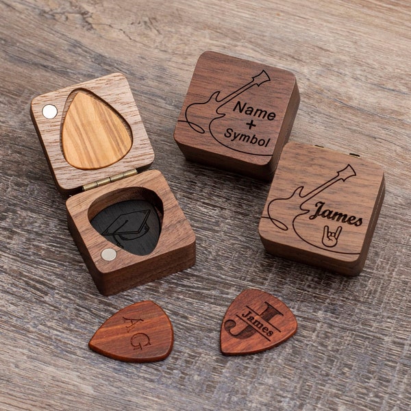 Personalized Wooden Guitar Picks with Case, Custom Guitar Pick Holder, Plectrum Box Guitar Player Gift, Father's Day, Gifts for Christmas