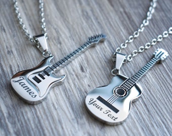 Personalized Guitar Charm Necklace, Custom Engrave Name Necklace, Father's day Gift, Gift for Music Teacher, Guitar Player Gift