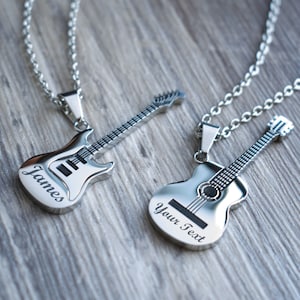 Personalized Guitar Charm Necklace, Custom Engrave Name Necklace, Father&#39;s day Gift, Gift for Music Teacher, Guitar Player Gift