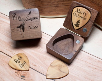 Médiators de guitare en bois personnalisés avec étui, support de médiator de guitare personnalisé, cadeaux de joueur de guitare Plectrum Box, fête des pères, cadeau pour Noël