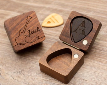 Púas de guitarra de madera personalizadas con estuche, soporte de púa de guitarra personalizado, regalo de guitarrista de caja de plectrum, día del padre, regalos para Navidad