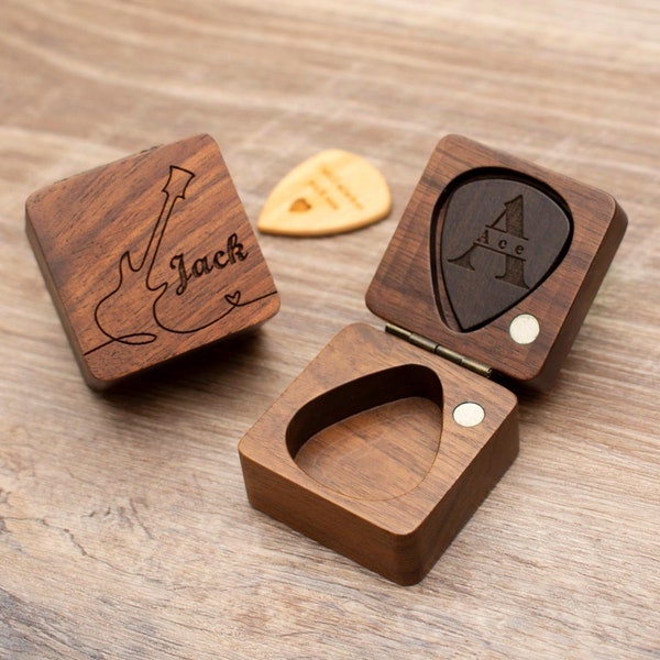 Púas de guitarra de madera personalizadas con estuche, soporte de púa de guitarra personalizado, regalo de guitarrista de caja de plectrum, día del padre, regalos para Navidad