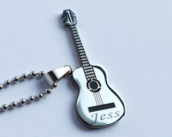 Personalized Acoustic Guitar Pendant Necklace, Custom Music jewelry, Music Teacher Gift, Gifts for Dad, Christmas, Halloween, Anniversary