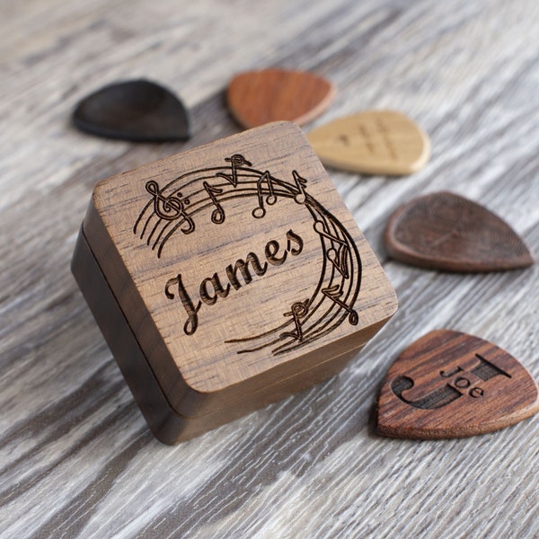 Personalized Wooden Guitar Pick with Case, Custom Message Plectrum Box, Engraved Holder for Picks, Gifts for Birthday, Father's Day Gift