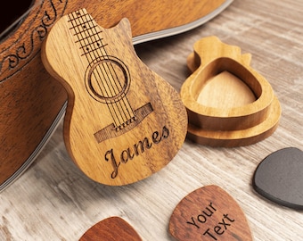 Gepersonaliseerde aangepaste houten gitaarplectrum met unieke hoes, graveerhouderdoos voor houten plectrums, cadeau voor muzikantenspeler, verjaardagscadeaus