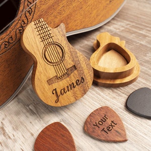 Personalized Custom Wood Guitar Pick with Unique Case, Engrave Holder Box for Wooden Picks, Gift for Musicians Player, Birthday Gifts image 1