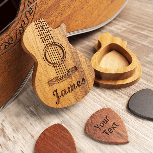 Personalized Custom Wood Guitar Pick with Unique Case, Engrave Holder Box for Wooden Picks, Gift for Musicians Player, Birthday Gifts