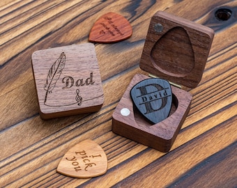 Personalized Engraved Guitar Pick Case, Custom Picks Plectrum Holder, Gifts for Dad, Wooden Box for Guitar Player, Musician Valentine's Day