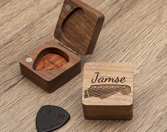 Personalized Wooden Guitar Picks Box, Custom Guitar Pick Holder Storage, Wood Guitar Plectrum Case, Music Gift for Guitarist Musician