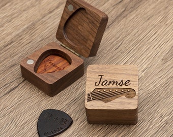 Personalized Walnut Wood Guitar Pick Box: Engraved Plectrum Case