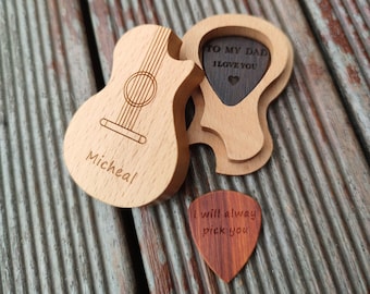 Boîte personnalisée de médiator pour guitare, étui en bois gravé, support de médiator personnalisé, boîte en bois cadeau de Saint Valentin pour musicien