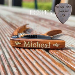 Personalized Wood Pattern Guitar Capo, Custom Wood Pick, Guitar Teacher Gift, Hand Stamped Music Gift, Gift for Musicians, Father day Gift