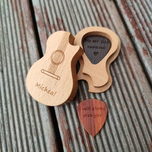 Personalized Guitar Pick Box, Engraved Wood Pick Case, Custom Plectrum Holder, Musician Valentines Day Gift Wooden Box For gurtar player image 1