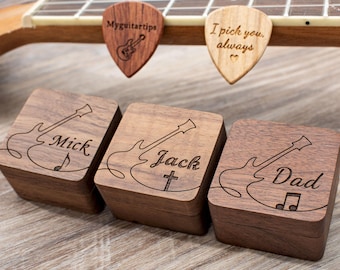 Custom Wooden Guitar Pick Case, Personalized Plektrum Box with Guitar Decorative lines