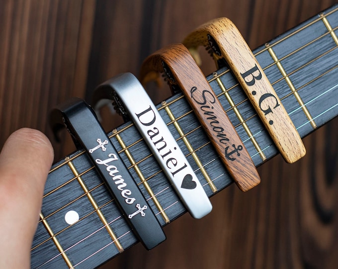 Personalized Guitar Capo, Engraved Wood Grain, Custom Musician Gift