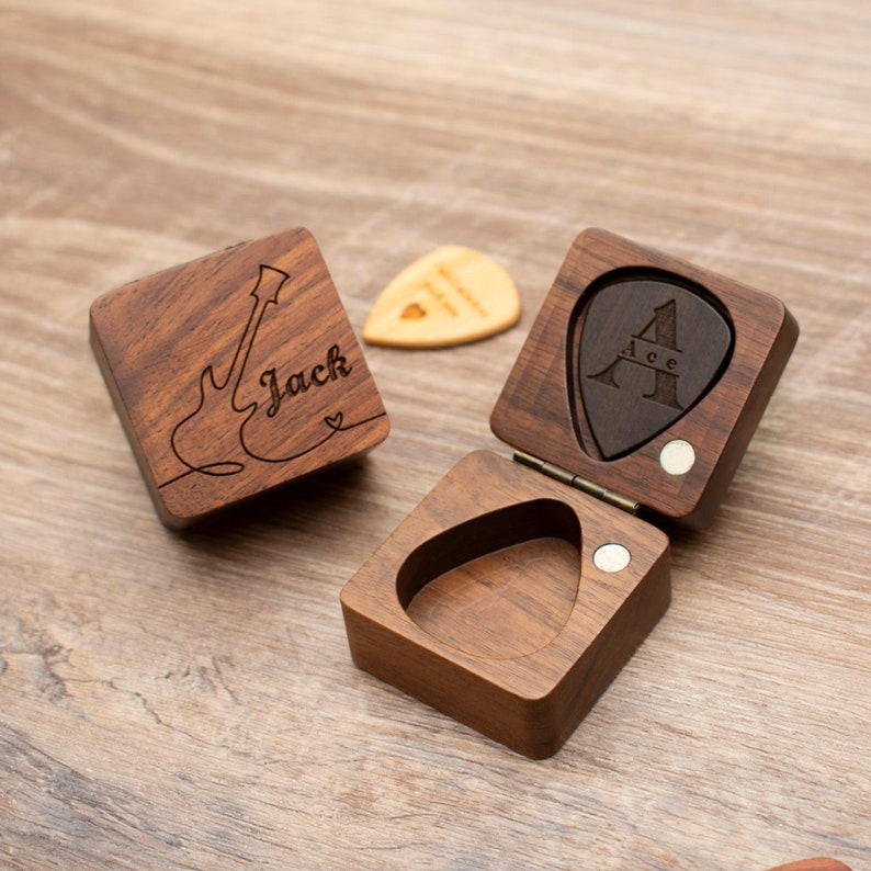 Personalized Wooden Guitar Picks with Case, Custom Guitar Pick Holder, Plectrum Box Guitar Player Gift, Father's Day, Gifts for Christmas image 1