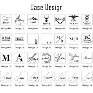 K&ouml;nnte beinhalten: Eine Grafik mit 28 verschiedenen Designs f&uuml;r ein Gitarren-Plektrum. Die Designs beinhalten Namen, Initialen, Daten, Noten und Tiere.