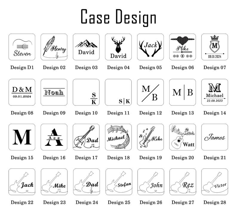 K&ouml;nnte beinhalten: Eine Grafik mit 28 verschiedenen Designs f&uuml;r ein Gitarren-Plektrum. Die Designs beinhalten Namen, Initialen, Daten, Noten und Tiere.