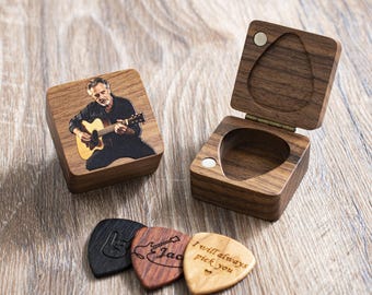Custom Walnut Guitar Pick Case, Engraved Name Holder, Personalized Plectrum Storage box