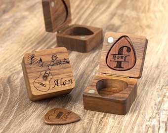Personalized Wooden Guitar Pick Box, Custom Engraved Plectrum Case, Guitar player Gifts