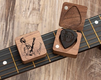 Personalized Wooden Guitar Picks Box, Custom Guitar Pick Case Storage, Engraved Guitar Plectrum Organizer, Music Gift for Guitarist Musician