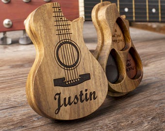 Personalized Wooden Guitar Pick Box, Engraved Picks Case, Custom Plectrum Holder, Gift for Guitarist