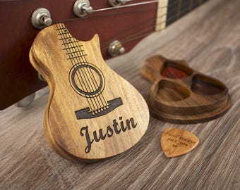 Personalized Wooden Guitar Pick Case: Engraved Plectrum Holder, Guitarist Gift