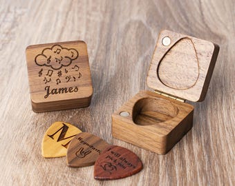 Personalized Wooden Guitar Picks Case, Custom Engraved Pick Box, Plectrum Holder for Him