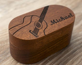 Personalized Walnut Guitar Pick Case: Engraved Plectrum Holder, Guitarist Gift