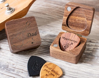 Custom Wood Guitar Pick Box , Personalized Picks Case, Plektrum Holder, Musical Gift for Dad