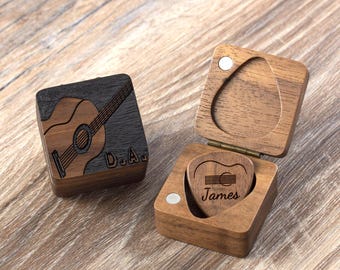 Personalized Guitar Pick Case: Engraved Walnut Wood, Unique Musician Gift