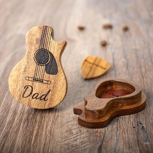 Custom Engraved Wooden Guitar-Shaped Pick Case, Personalized Pick Box, Musical Gifts for him.