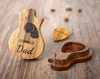 Custom Engraved Wooden Guitar-Shaped Pick Case, Personalized Pick Box, Musical Gifts for him.